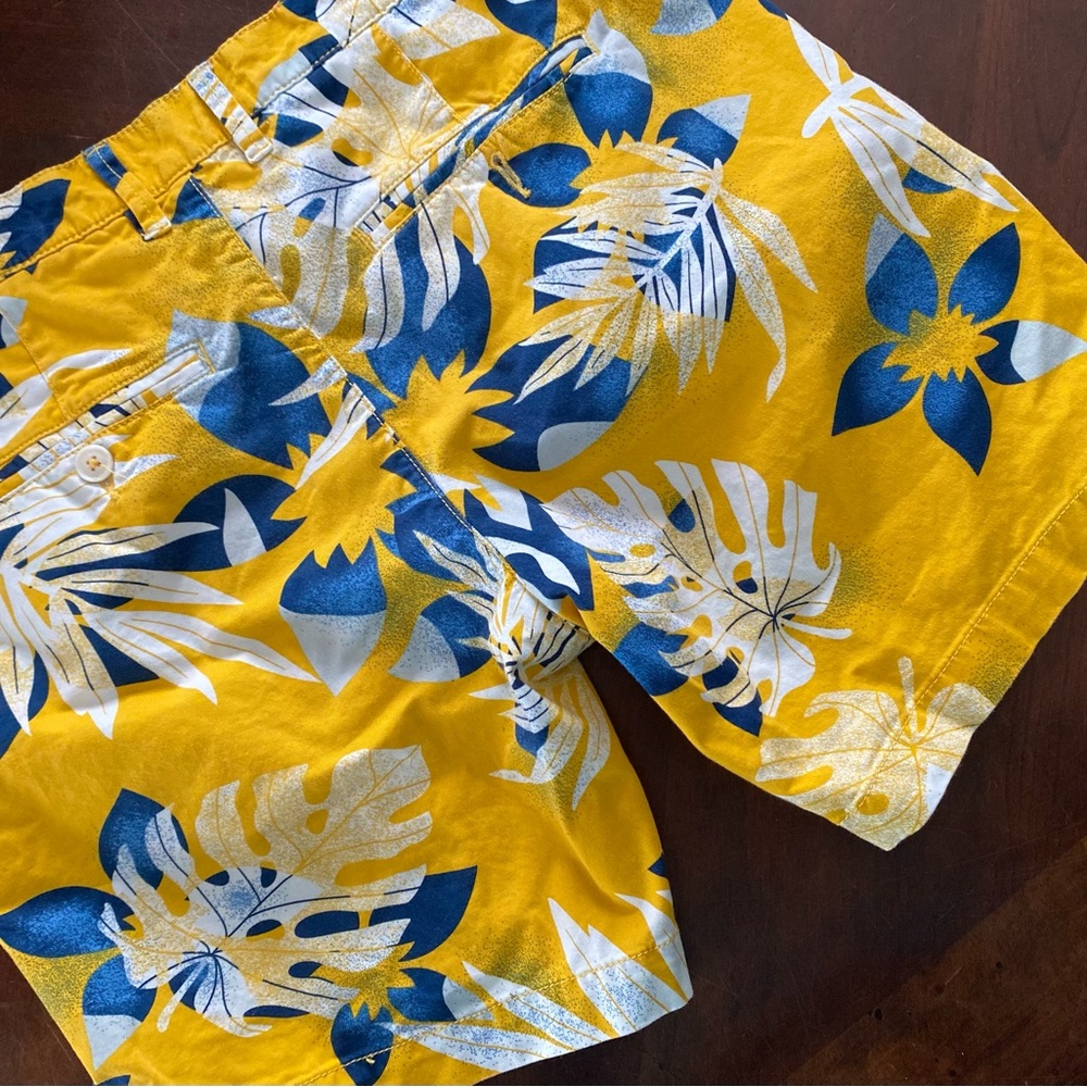 Vibrant Yellow and Blue Flat Front Tropical Shorts - Picture 2 of 4